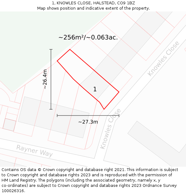 1, KNOWLES CLOSE, HALSTEAD, CO9 1BZ: Plot and title map