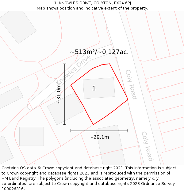 1, KNOWLES DRIVE, COLYTON, EX24 6PJ: Plot and title map