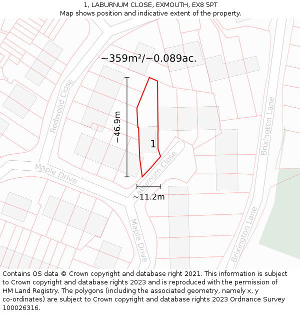 1, LABURNUM CLOSE, EXMOUTH, EX8 5PT: Plot and title map