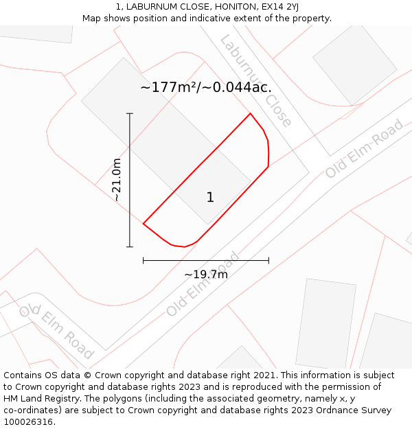 1, LABURNUM CLOSE, HONITON, EX14 2YJ: Plot and title map