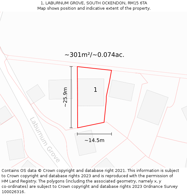 1, LABURNUM GROVE, SOUTH OCKENDON, RM15 6TA: Plot and title map