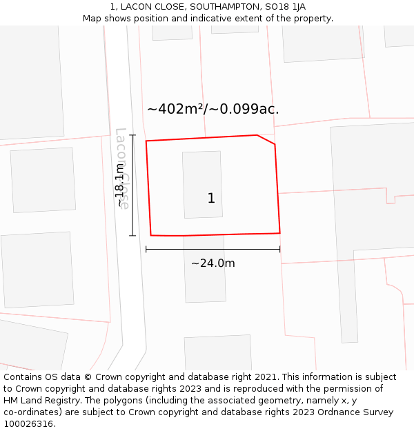 1, LACON CLOSE, SOUTHAMPTON, SO18 1JA: Plot and title map