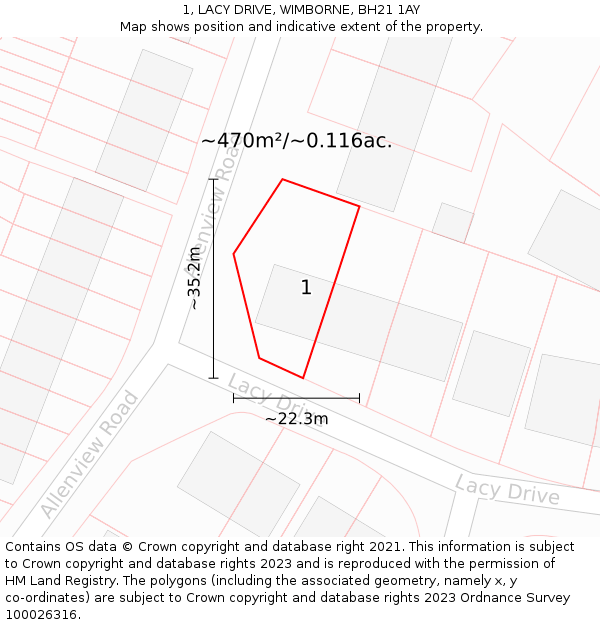 1, LACY DRIVE, WIMBORNE, BH21 1AY: Plot and title map