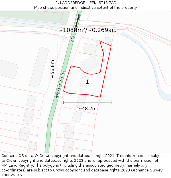 1, LADDEREDGE, LEEK, ST13 7AD: Plot and title map