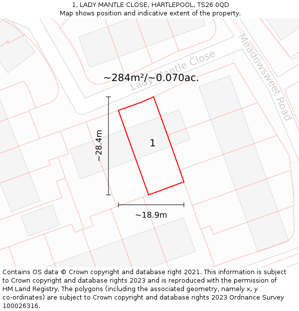 1, LADY MANTLE CLOSE, HARTLEPOOL, TS26 0QD: Plot and title map