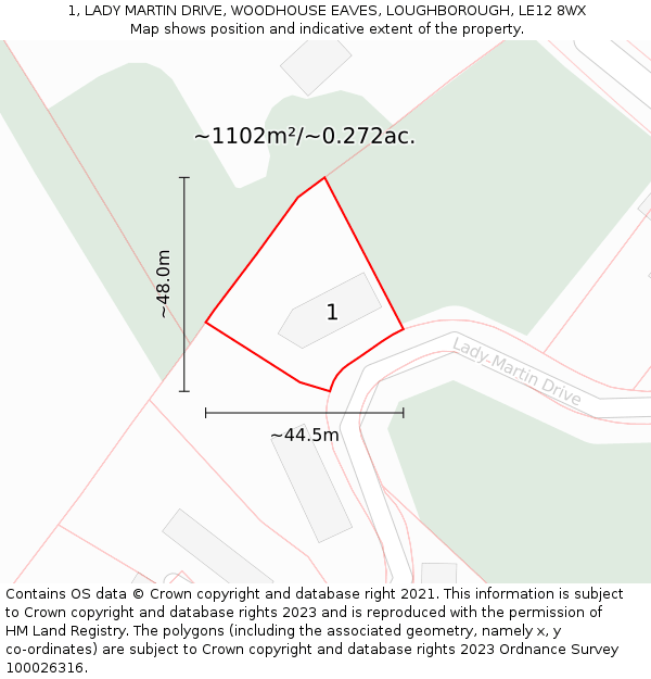 1, LADY MARTIN DRIVE, WOODHOUSE EAVES, LOUGHBOROUGH, LE12 8WX: Plot and title map