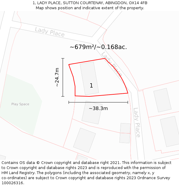 1, LADY PLACE, SUTTON COURTENAY, ABINGDON, OX14 4FB: Plot and title map