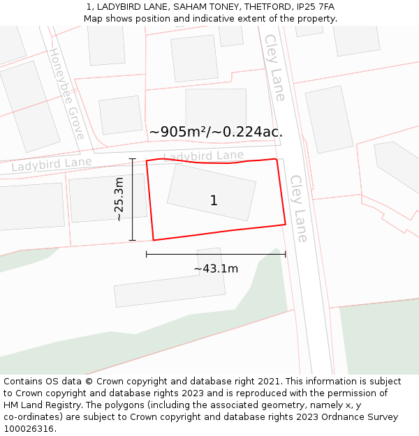 1, LADYBIRD LANE, SAHAM TONEY, THETFORD, IP25 7FA: Plot and title map