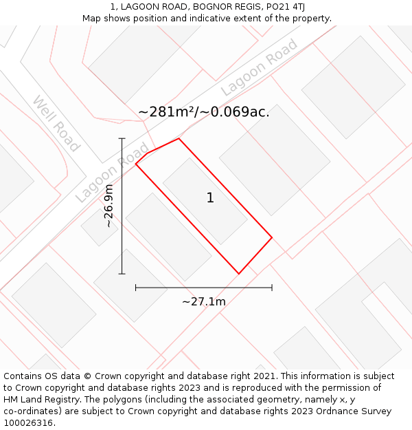 1, LAGOON ROAD, BOGNOR REGIS, PO21 4TJ: Plot and title map