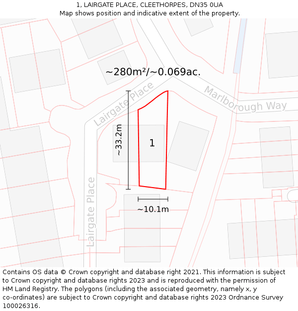 1, LAIRGATE PLACE, CLEETHORPES, DN35 0UA: Plot and title map