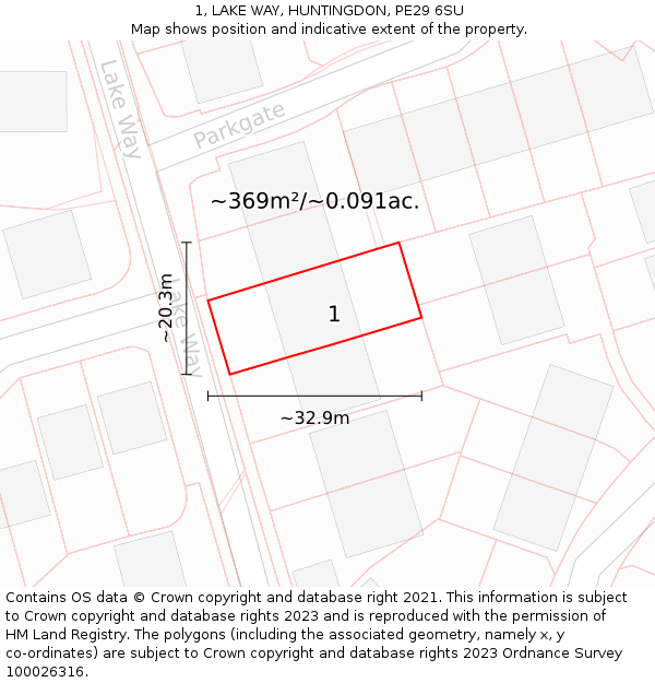 1, LAKE WAY, HUNTINGDON, PE29 6SU: Plot and title map