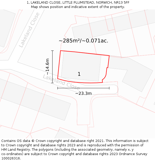 1, LAKELAND CLOSE, LITTLE PLUMSTEAD, NORWICH, NR13 5FF: Plot and title map