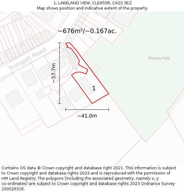 1, LAKELAND VIEW, CLEATOR, CA23 3EZ: Plot and title map