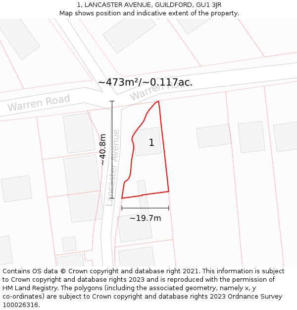 1, LANCASTER AVENUE, GUILDFORD, GU1 3JR: Plot and title map