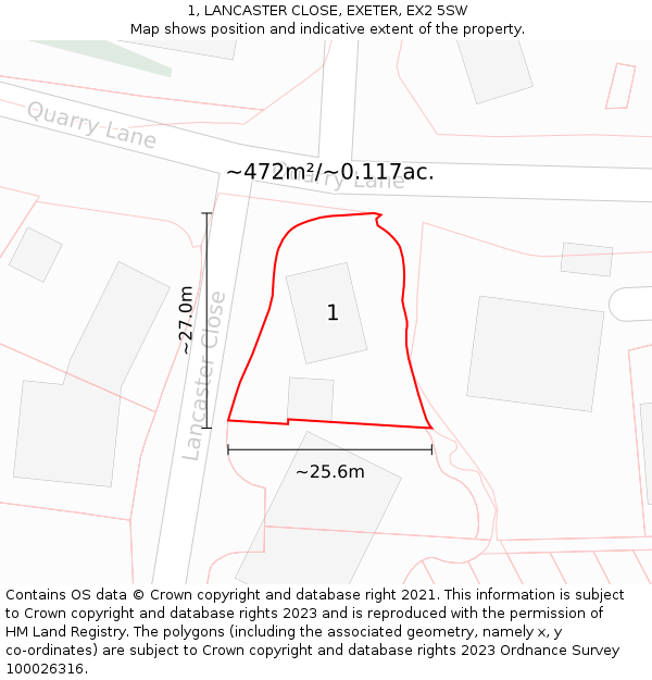 1, LANCASTER CLOSE, EXETER, EX2 5SW: Plot and title map