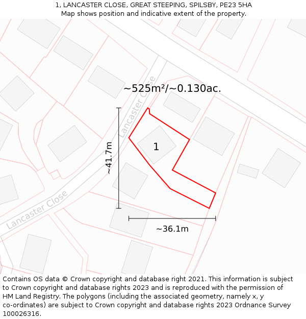 1, LANCASTER CLOSE, GREAT STEEPING, SPILSBY, PE23 5HA: Plot and title map