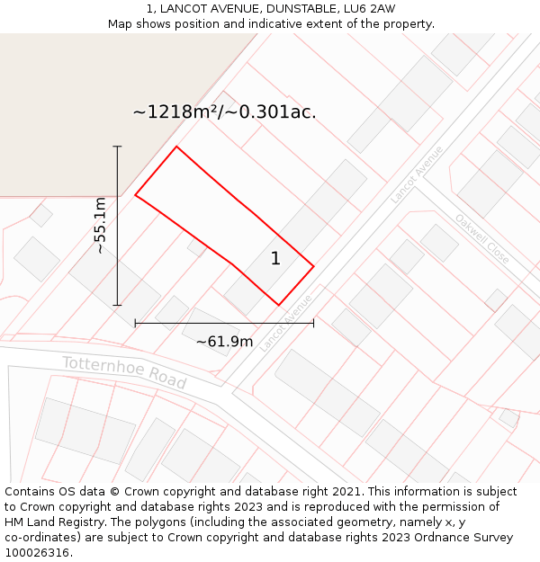 1, LANCOT AVENUE, DUNSTABLE, LU6 2AW: Plot and title map