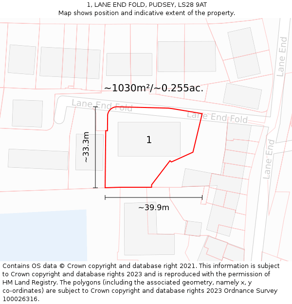 1, LANE END FOLD, PUDSEY, LS28 9AT: Plot and title map