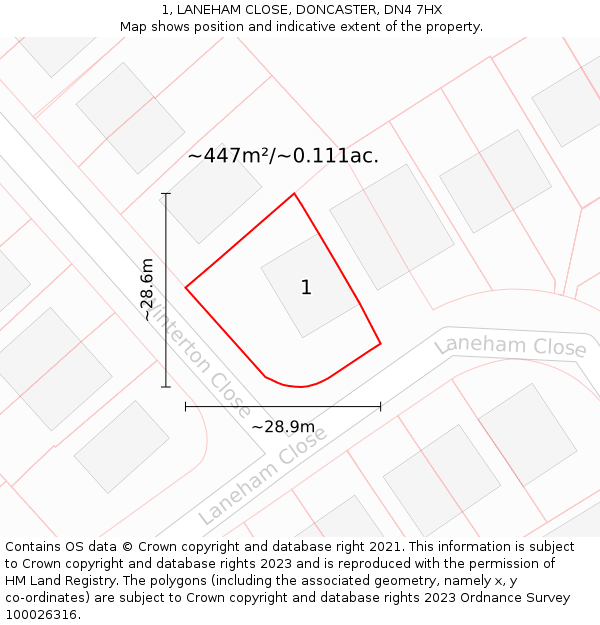 1, LANEHAM CLOSE, DONCASTER, DN4 7HX: Plot and title map