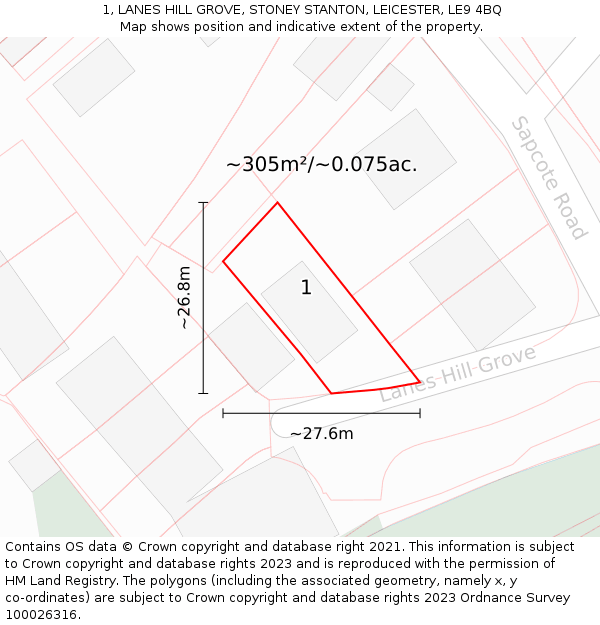 1, LANES HILL GROVE, STONEY STANTON, LEICESTER, LE9 4BQ: Plot and title map