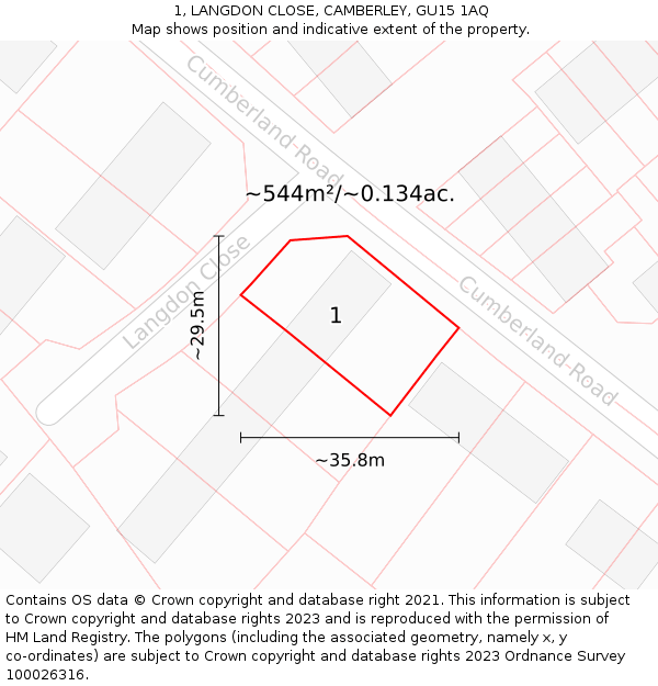 1, LANGDON CLOSE, CAMBERLEY, GU15 1AQ: Plot and title map