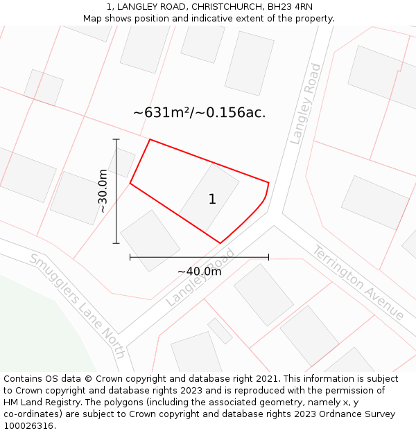 1, LANGLEY ROAD, CHRISTCHURCH, BH23 4RN: Plot and title map