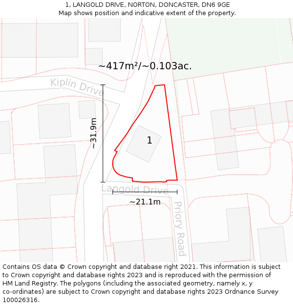 1, LANGOLD DRIVE, NORTON, DONCASTER, DN6 9GE: Plot and title map