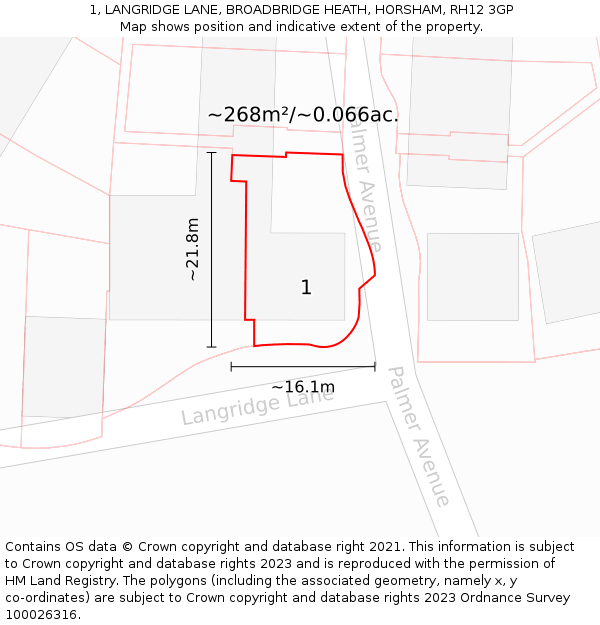 1, LANGRIDGE LANE, BROADBRIDGE HEATH, HORSHAM, RH12 3GP: Plot and title map