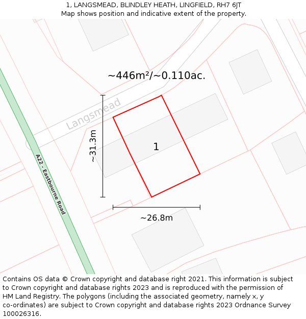 1, LANGSMEAD, BLINDLEY HEATH, LINGFIELD, RH7 6JT: Plot and title map