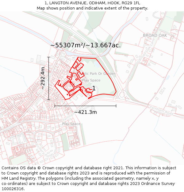 1, LANGTON AVENUE, ODIHAM, HOOK, RG29 1FL: Plot and title map