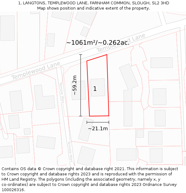 1, LANGTONS, TEMPLEWOOD LANE, FARNHAM COMMON, SLOUGH, SL2 3HD: Plot and title map