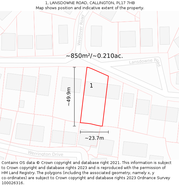 1, LANSDOWNE ROAD, CALLINGTON, PL17 7HB: Plot and title map