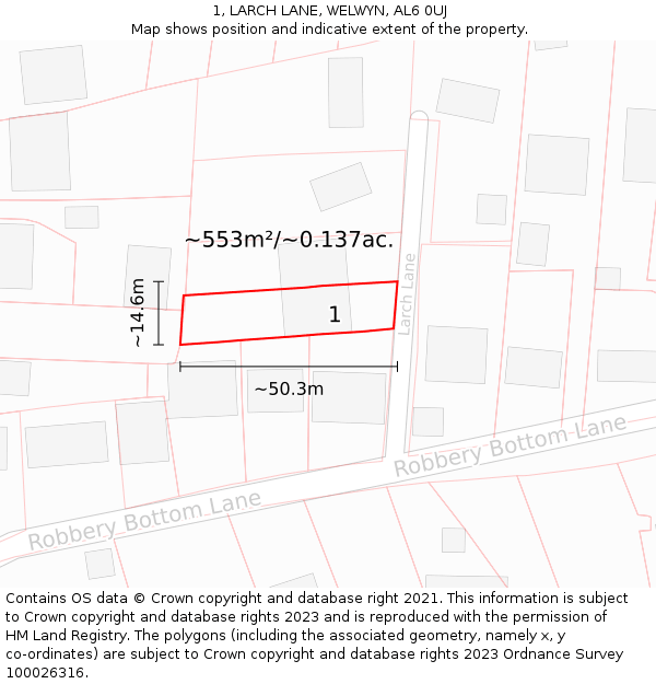 1, LARCH LANE, WELWYN, AL6 0UJ: Plot and title map