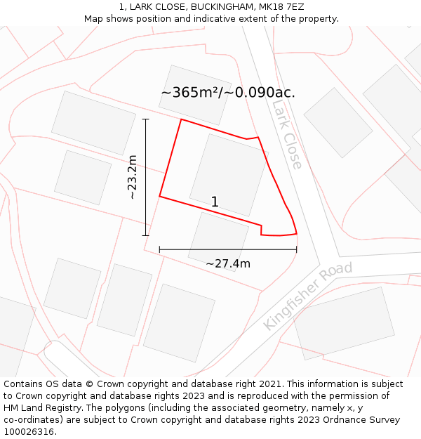 1, LARK CLOSE, BUCKINGHAM, MK18 7EZ: Plot and title map