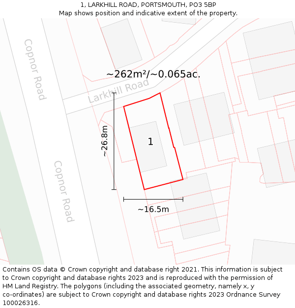 1, LARKHILL ROAD, PORTSMOUTH, PO3 5BP: Plot and title map