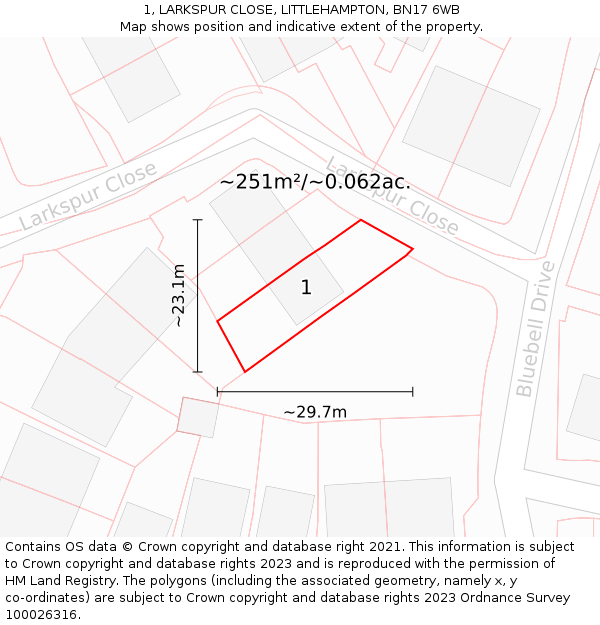 1, LARKSPUR CLOSE, LITTLEHAMPTON, BN17 6WB: Plot and title map