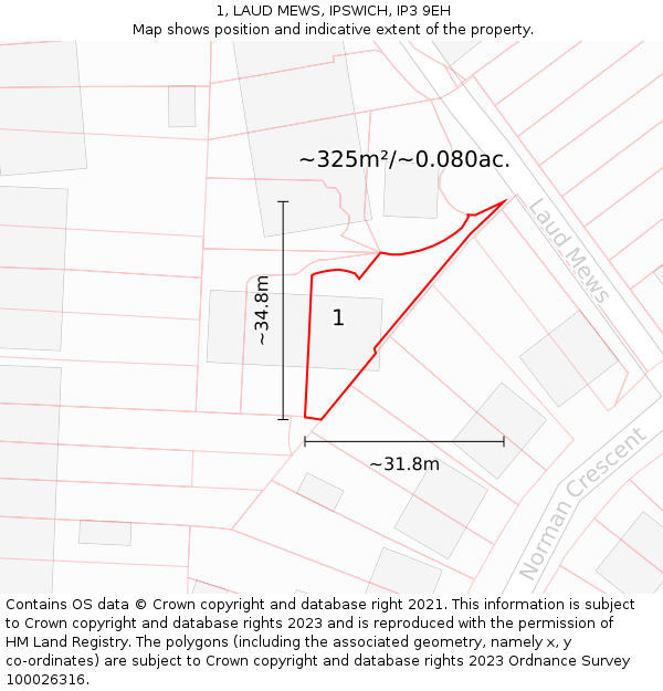 1, LAUD MEWS, IPSWICH, IP3 9EH: Plot and title map