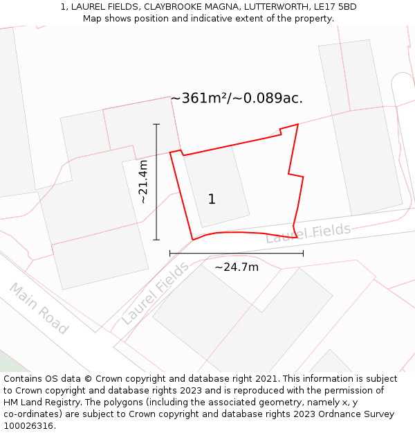 1, LAUREL FIELDS, CLAYBROOKE MAGNA, LUTTERWORTH, LE17 5BD: Plot and title map