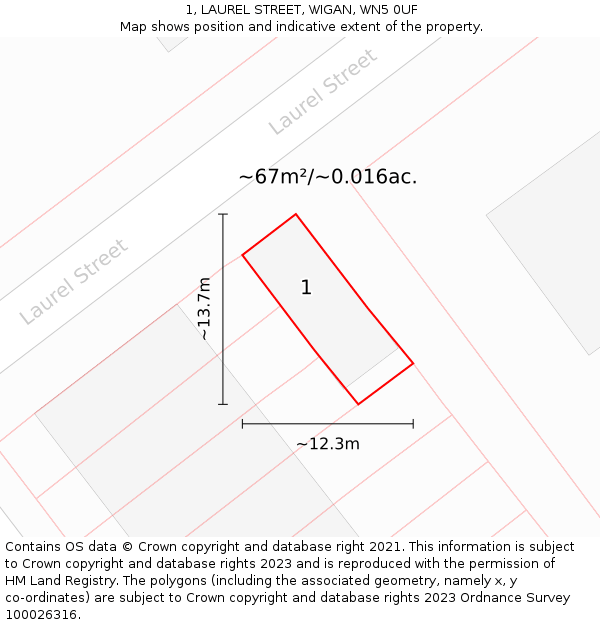 1, LAUREL STREET, WIGAN, WN5 0UF: Plot and title map