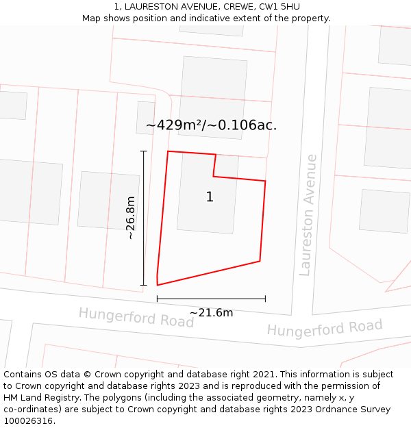 1, LAURESTON AVENUE, CREWE, CW1 5HU: Plot and title map