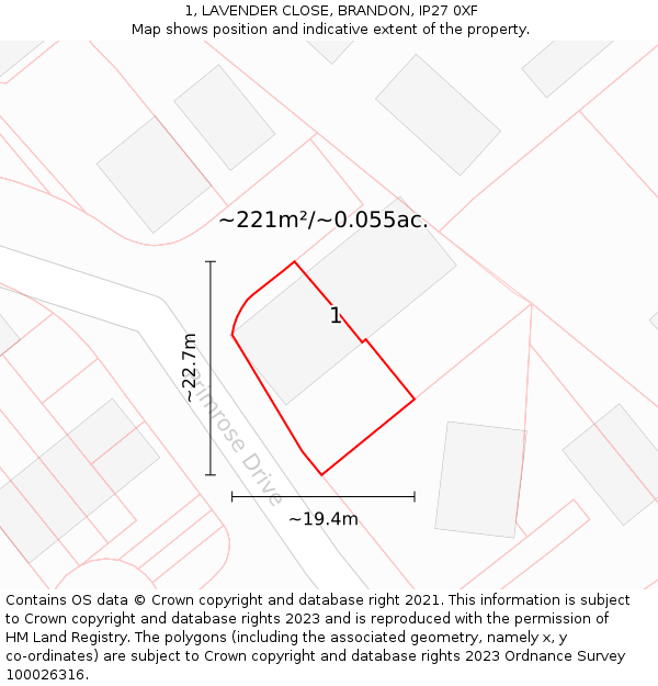 1, LAVENDER CLOSE, BRANDON, IP27 0XF: Plot and title map