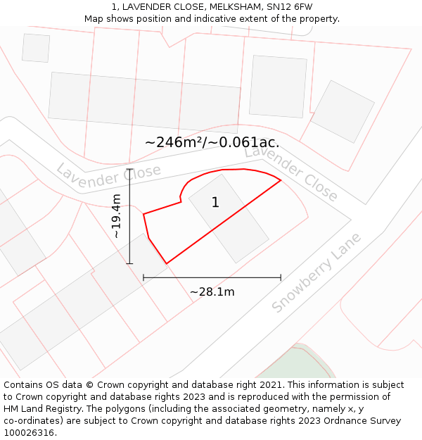 1, LAVENDER CLOSE, MELKSHAM, SN12 6FW: Plot and title map