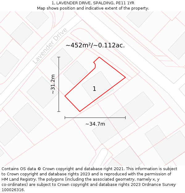 1, LAVENDER DRIVE, SPALDING, PE11 1YR: Plot and title map