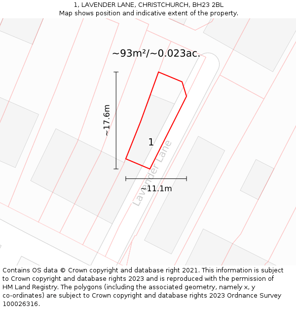 1, LAVENDER LANE, CHRISTCHURCH, BH23 2BL: Plot and title map