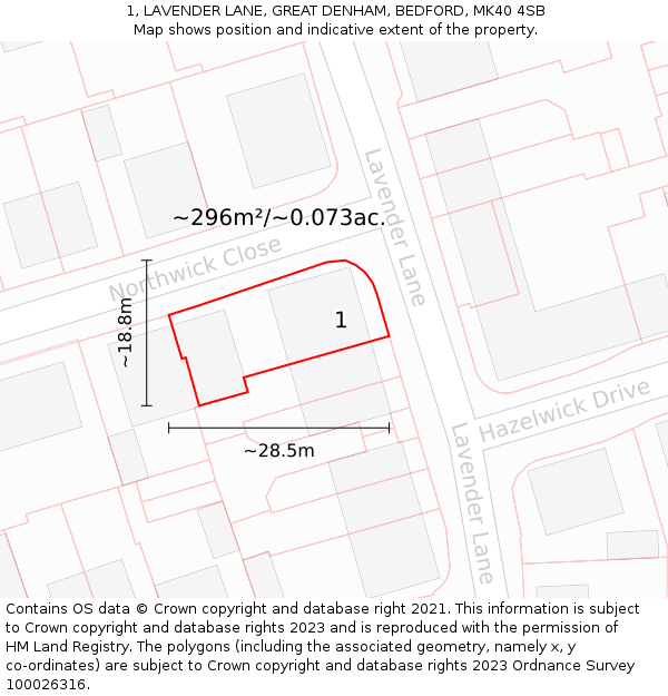 1, LAVENDER LANE, GREAT DENHAM, BEDFORD, MK40 4SB: Plot and title map