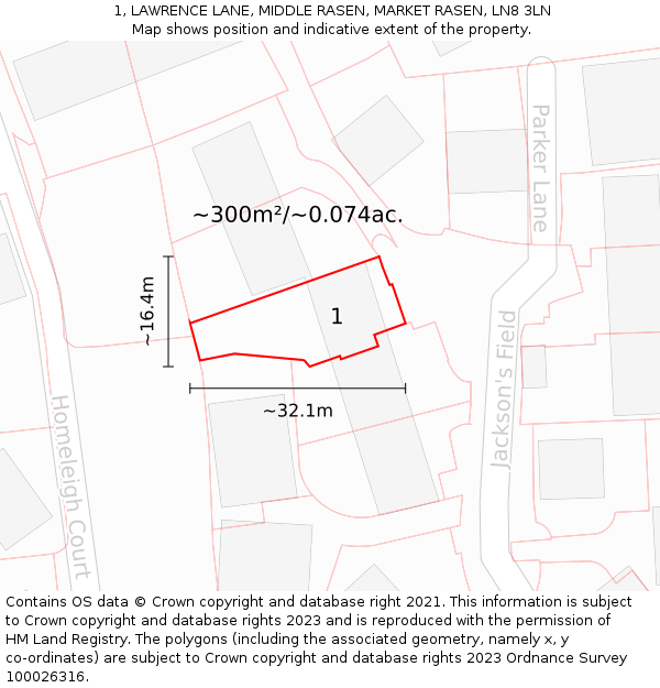 1, LAWRENCE LANE, MIDDLE RASEN, MARKET RASEN, LN8 3LN: Plot and title map