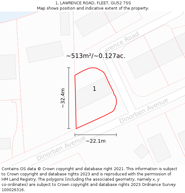 1, LAWRENCE ROAD, FLEET, GU52 7SS: Plot and title map