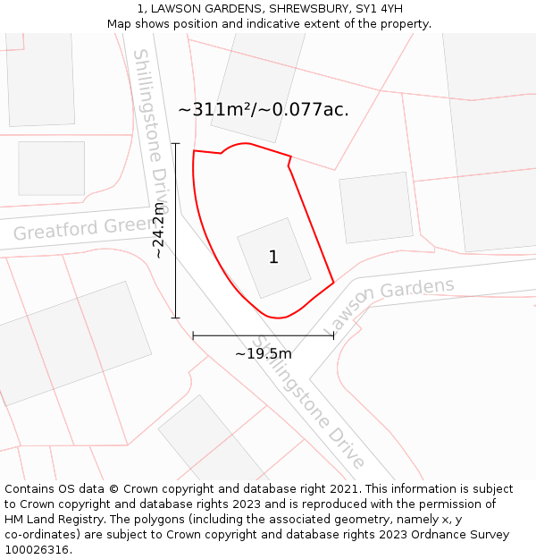 1, LAWSON GARDENS, SHREWSBURY, SY1 4YH: Plot and title map