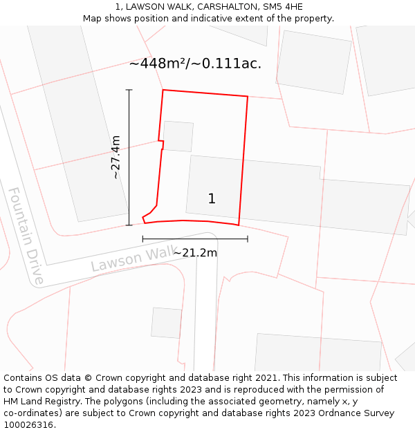 1, LAWSON WALK, CARSHALTON, SM5 4HE: Plot and title map