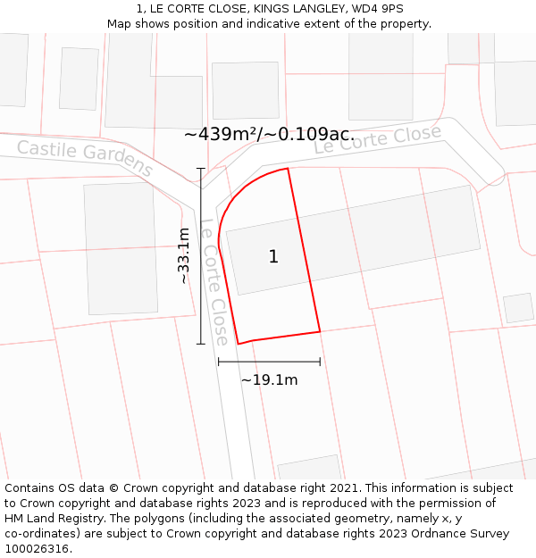 1, LE CORTE CLOSE, KINGS LANGLEY, WD4 9PS: Plot and title map